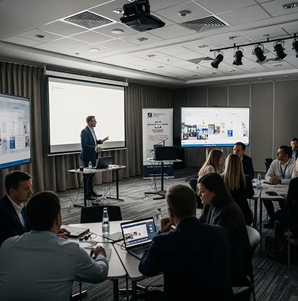 Cape Canaveral AV Rentals AV equipment rental setup for trade show booth near Kennedy Space Center.